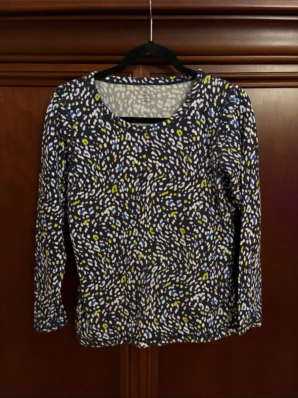 Talbots Navy Long-Sleeve Top with White, Blue & Yellow Spot Pattern